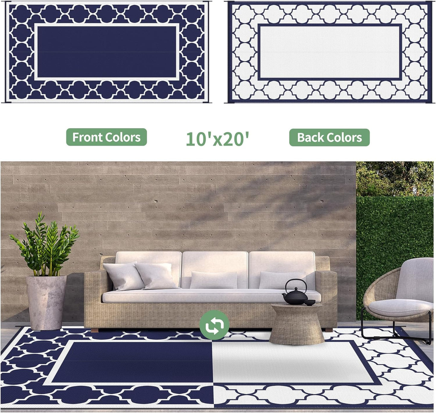 GENIMO 10 ' x 20 ' Outdoor Rug Waterproof for Patio Decor, Foldable Reversible Plastic Straw Area Rugs Mat for Camper, Outside Carpet for Rv, Deck, Porch, Picnic, Beach, Balcony, Blue & White