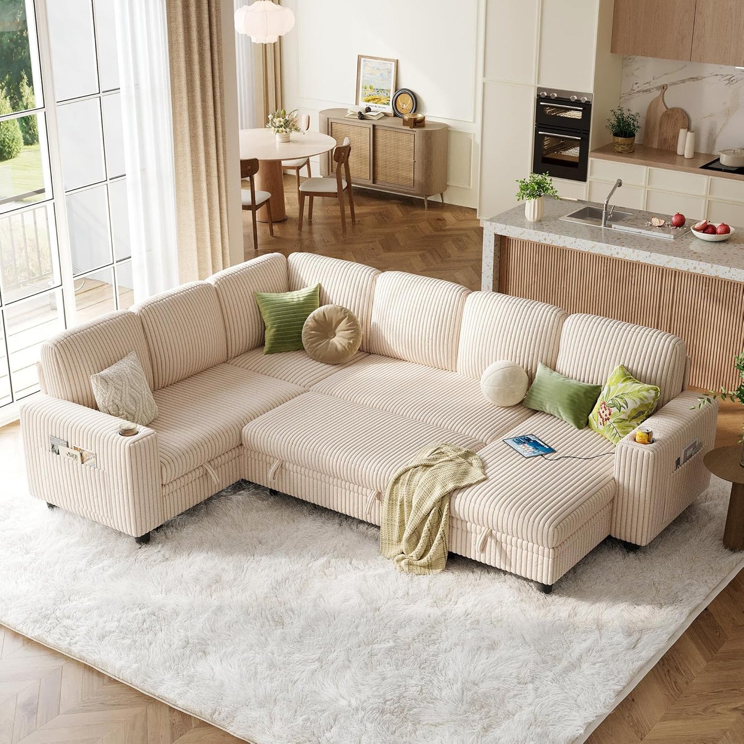 LINSY HOME Sectional Sleeper Sofa with Pull Out Couch Bed - Convertible Plush Corduroy Cloud Couch with Storage Chaise & USB Charging, Comfy Modular Couches for Living Room, Beige