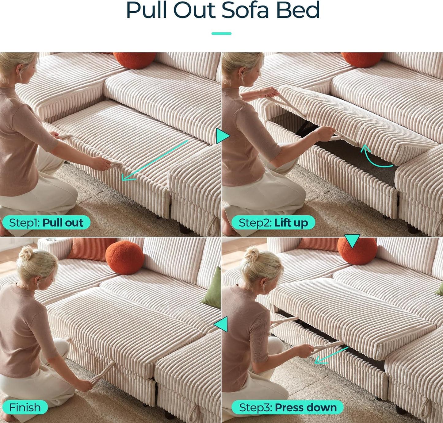 LINSY HOME Sectional Sleeper Sofa with Pull Out Couch Bed - Convertible Plush Corduroy Cloud Couch with Storage Chaise & USB Charging, Comfy U Shaped Modular Couches for Living Room, Beige