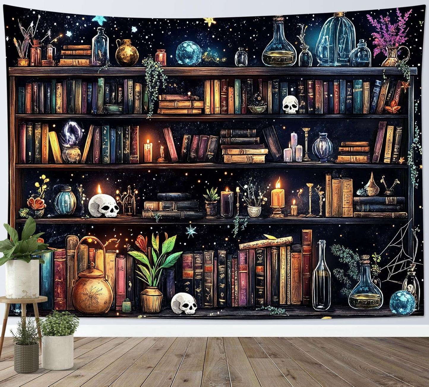 HVEST Magic Bookshelf Tapestry Wall Hanging Vintage Bookshelf Witchy Books Plant Skull Gothic Halloween Tapestry Aesthetic Starry Sky Tapestries for Bedroom Living Room Dorm, 51L x 59W Inches