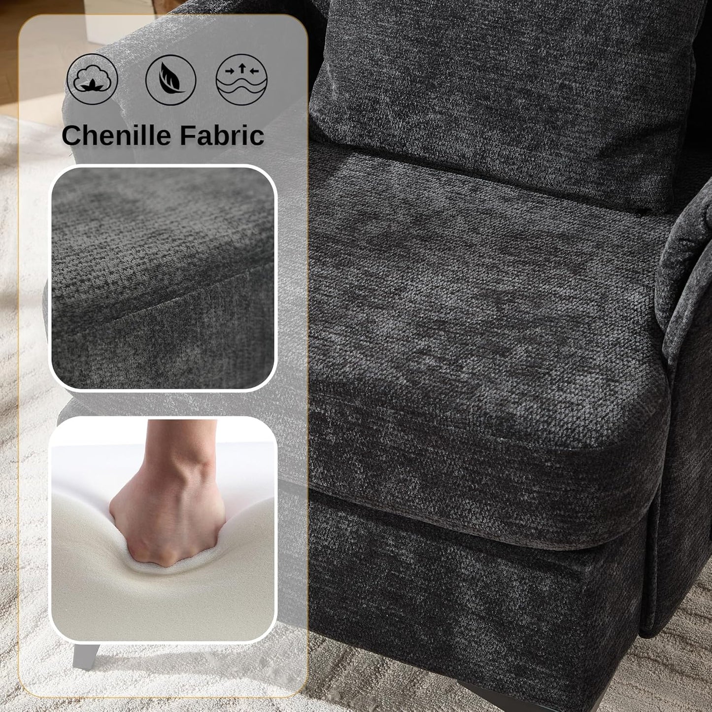 KCC Mid-Century Accent Chairs,Chenille Modern Upholstered Single Sofa,Cozy Armchair with Back for Bedroom/Office/Cafe,Black