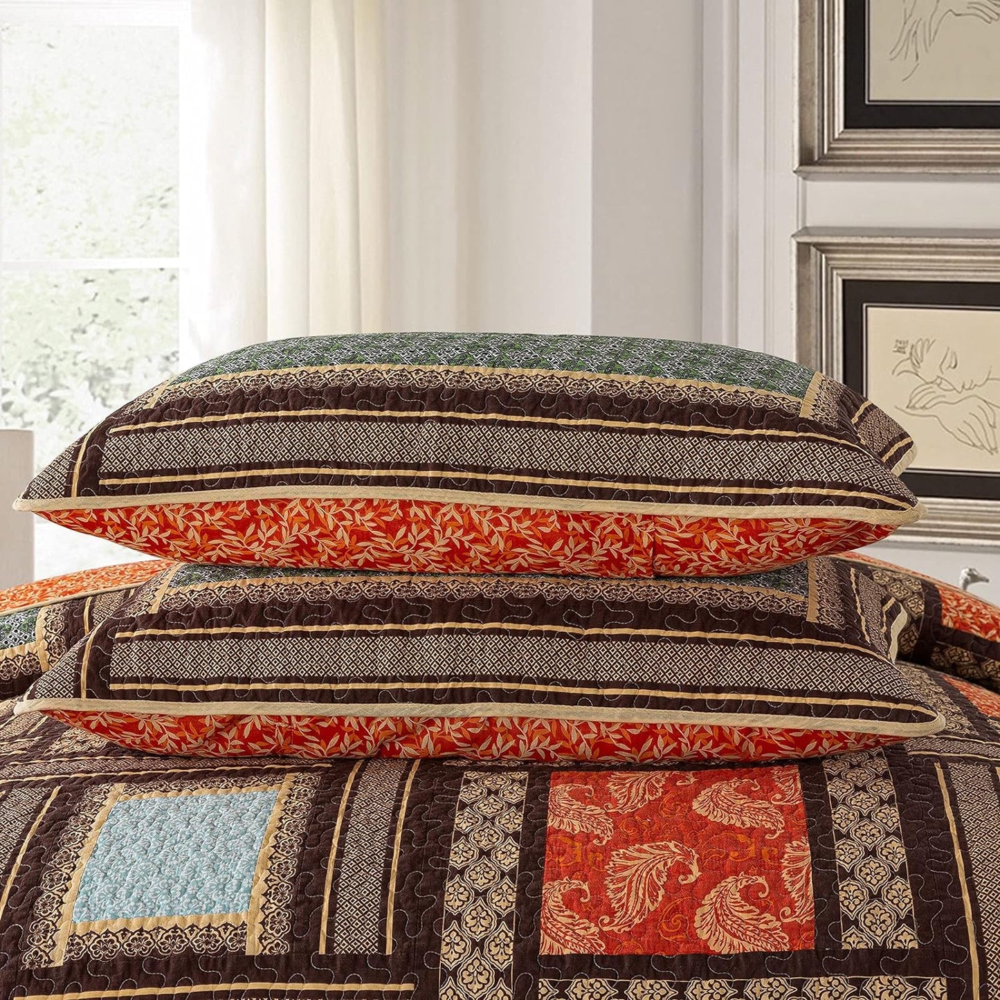 NEWLAKE Cotton Patchwork Bedspread, 3-Piece Bedding Quilt Set with Real Stitched Embroidery, Reversible Matelasse Bed Coverlet Set,Bohemian Farmhouse,Queen Size