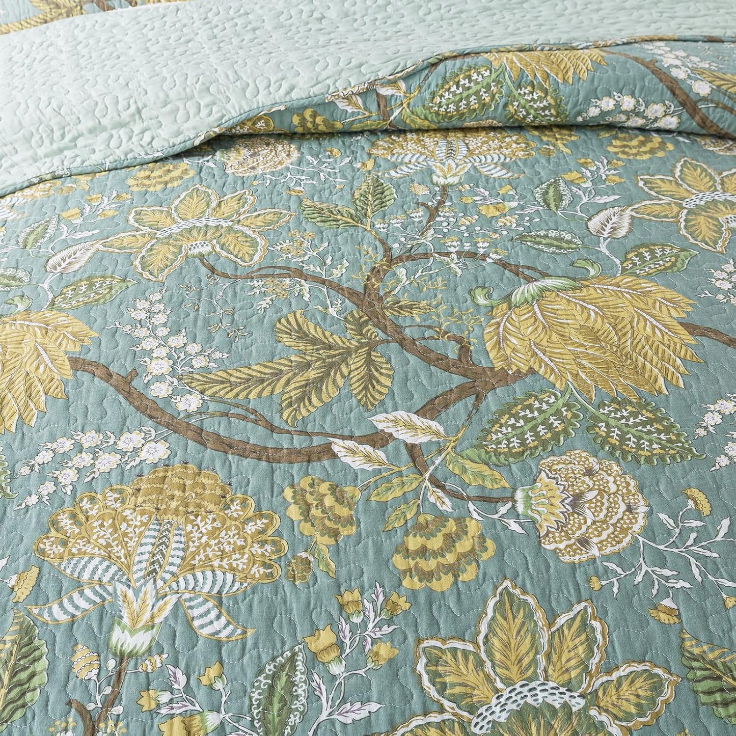 NEWLAKE Cotton Bedspread Quilt Sets-Reversible Patchwork Coverlet Set, Green Floral Pattern, King Size