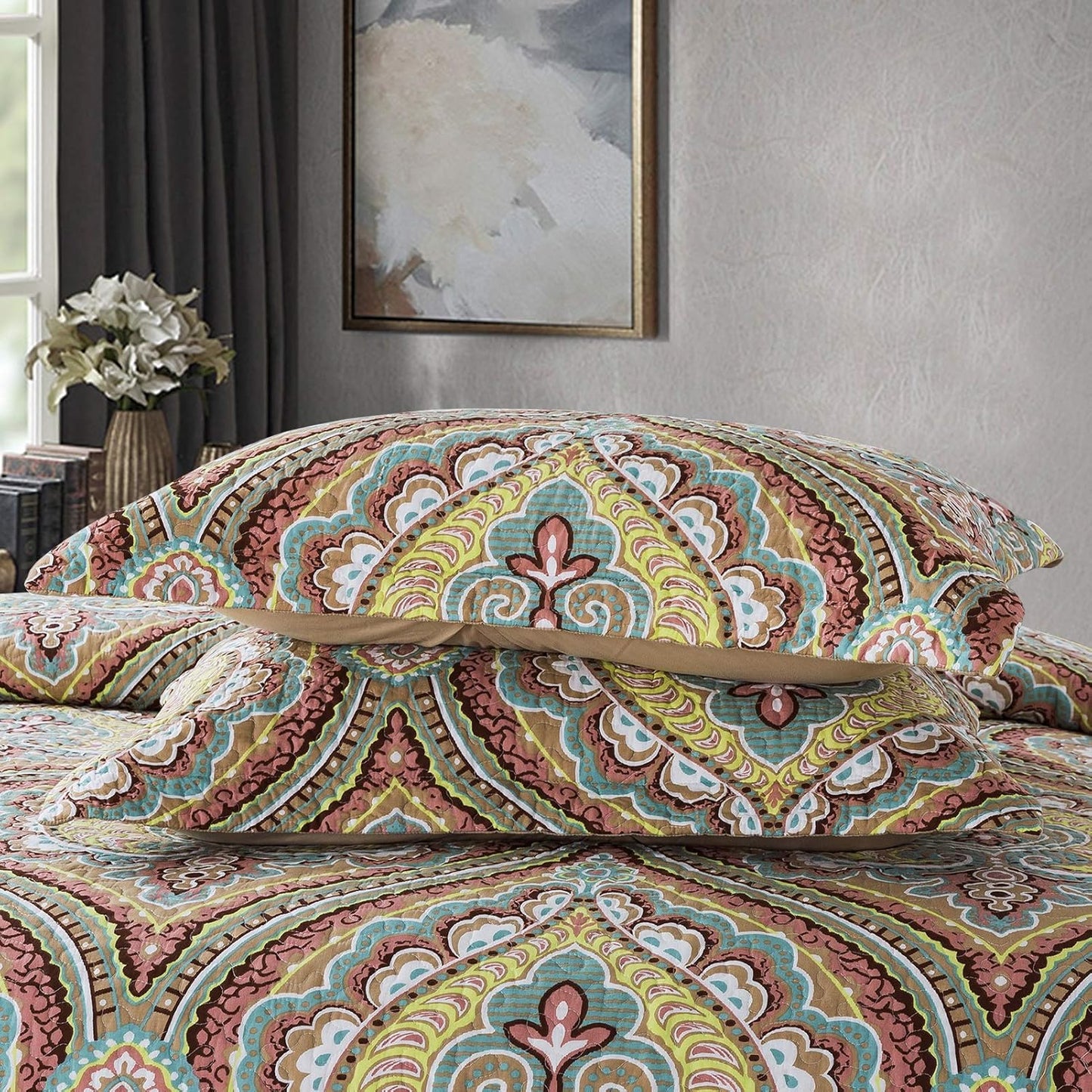 NEWLAKE Cotton Bedspread Quilt Sets-Reversible Patchwork Coverlet Set, European Paisley Blossom Pattern, King Size
