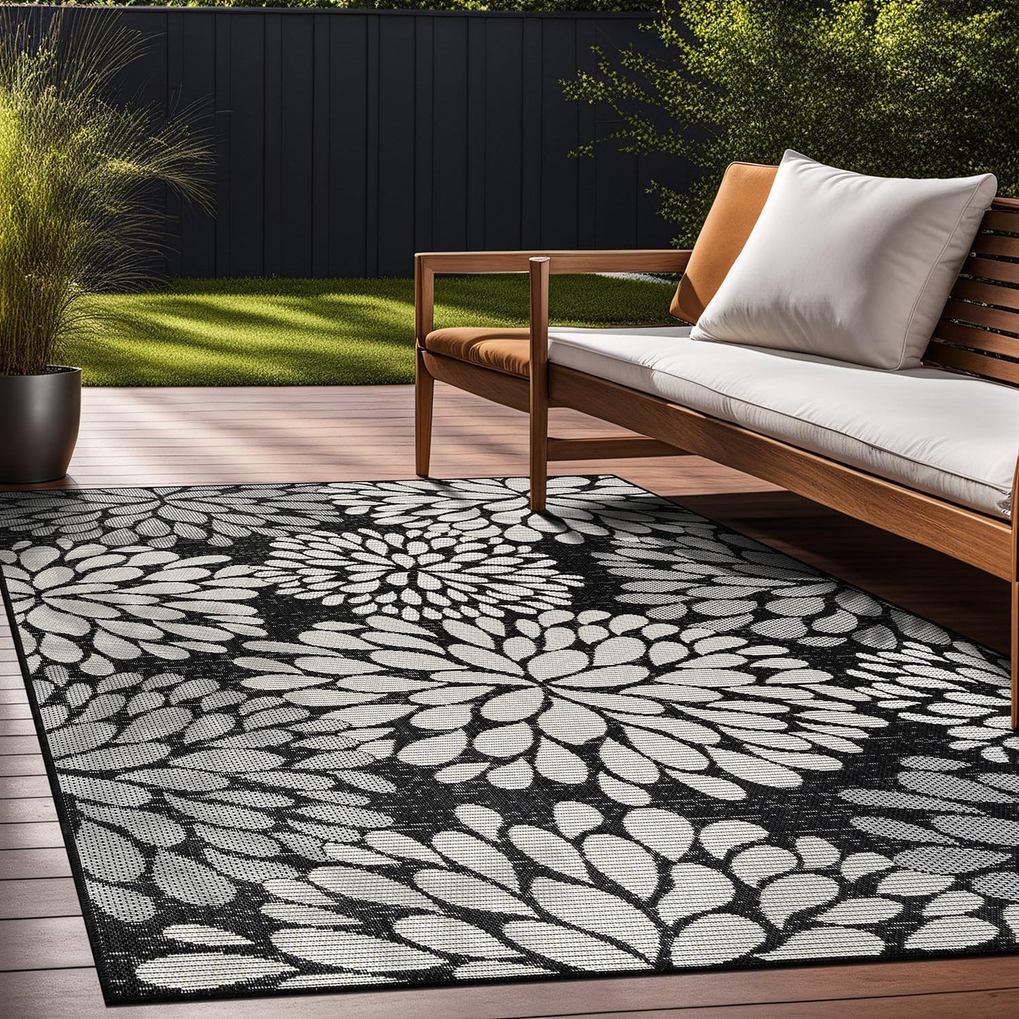 Beverly Rug Outdoor Rug 8x10 Modern Exotic Tropical Leaf Area Rugs for Indoor and Outdoor Patio Deck Porch Garden Water Resistant Washable Outside Carpet (8 x 10 Dark Gray)
