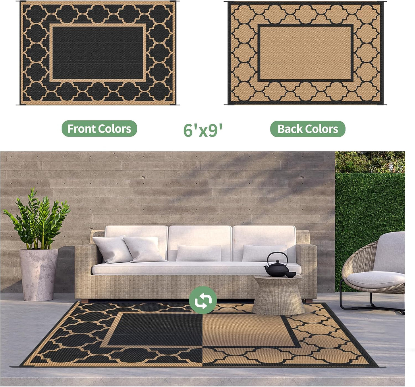 GENIMO 6' x 9' Outdoor Rug Waterproof for Patio Decor, Foldable Reversible Plastic Straw Area Rugs Mat for Camper, Outside Carpet for Rv, Deck, Porch, Picnic, Beach, Balcony, Black & Brown