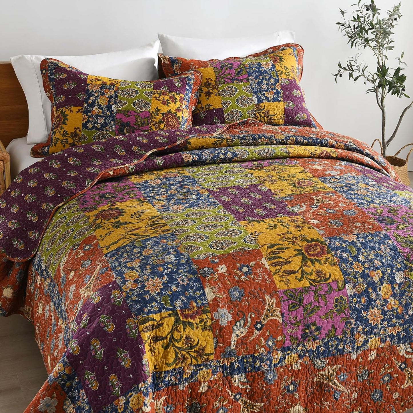 Secgo King Size Comforter Set- 100% Cotton Quilt King Size Set, Green, Sage bedspreads (96 * 108 Inch) with 2 Pillow Shams, Patchwork Reversible Lightweight Bedding