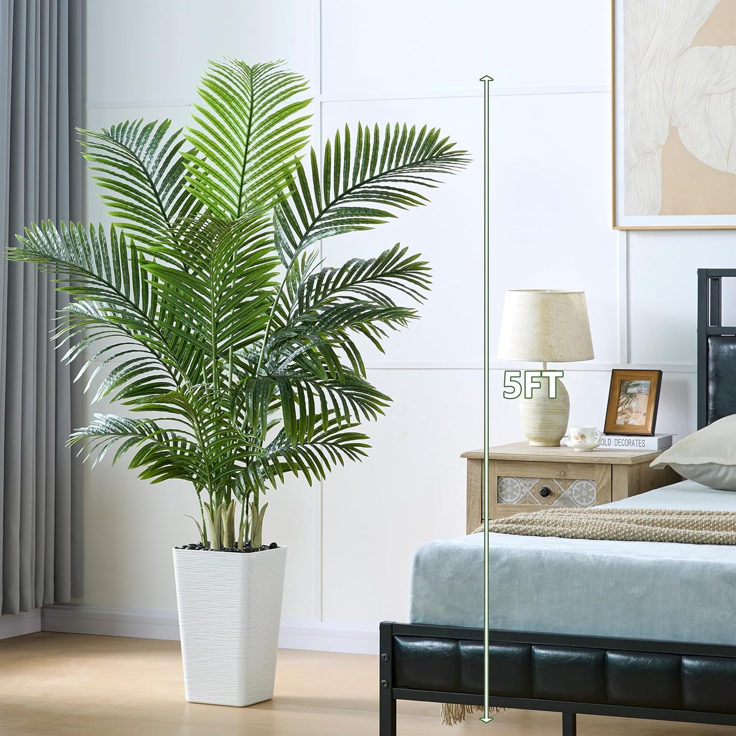 Artificial Palm Tree 5FT - Tall Fake Tree with White Taper Planter & Pebbles, UV Resistant for Indoor & Outdoor, Large Potted Faux Plant, Tropical Areca Floor Plant for Living Room, Office, Home Decor