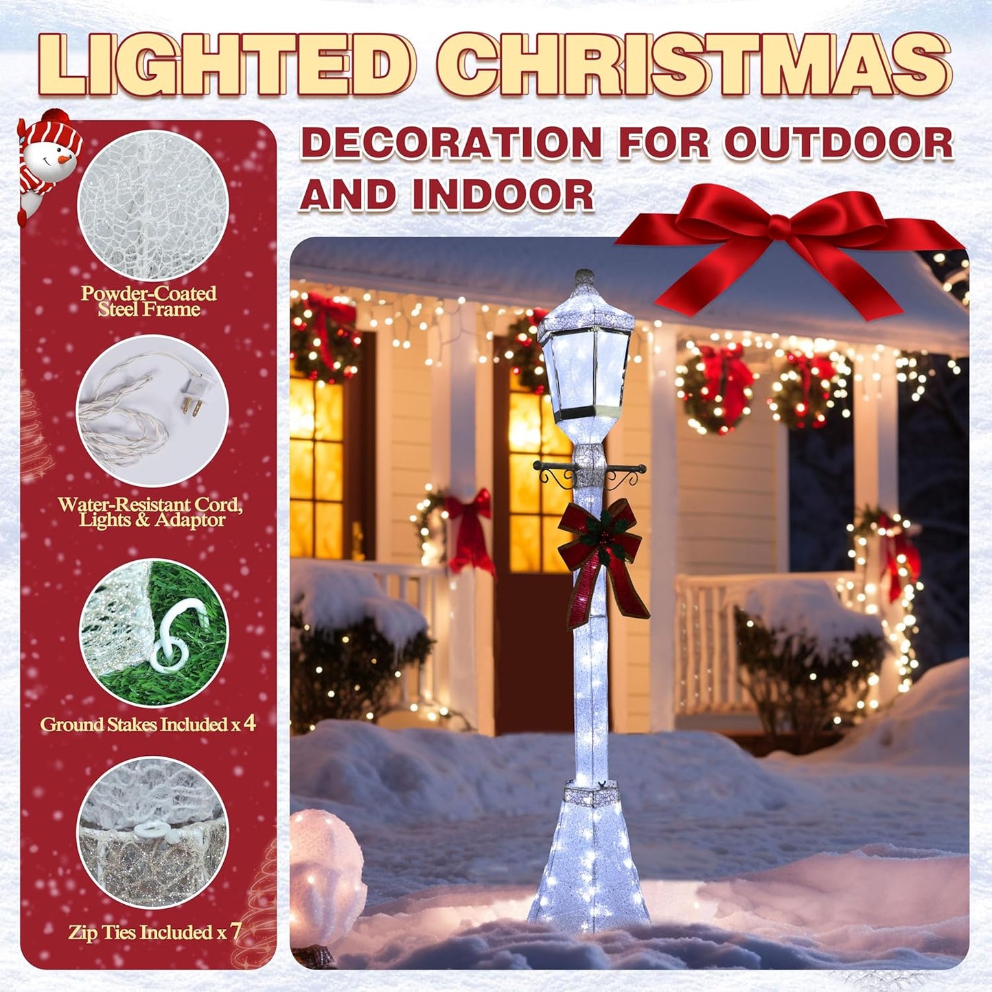 BlueWish 6FT Christmas Decorations Outdoor, Pre-Lit Lighted Xmas Decor with Removable Decorative Bow, Lighted Post Christmas Decoration with Waterproof Lights Cold White for Outdoor and Indoor