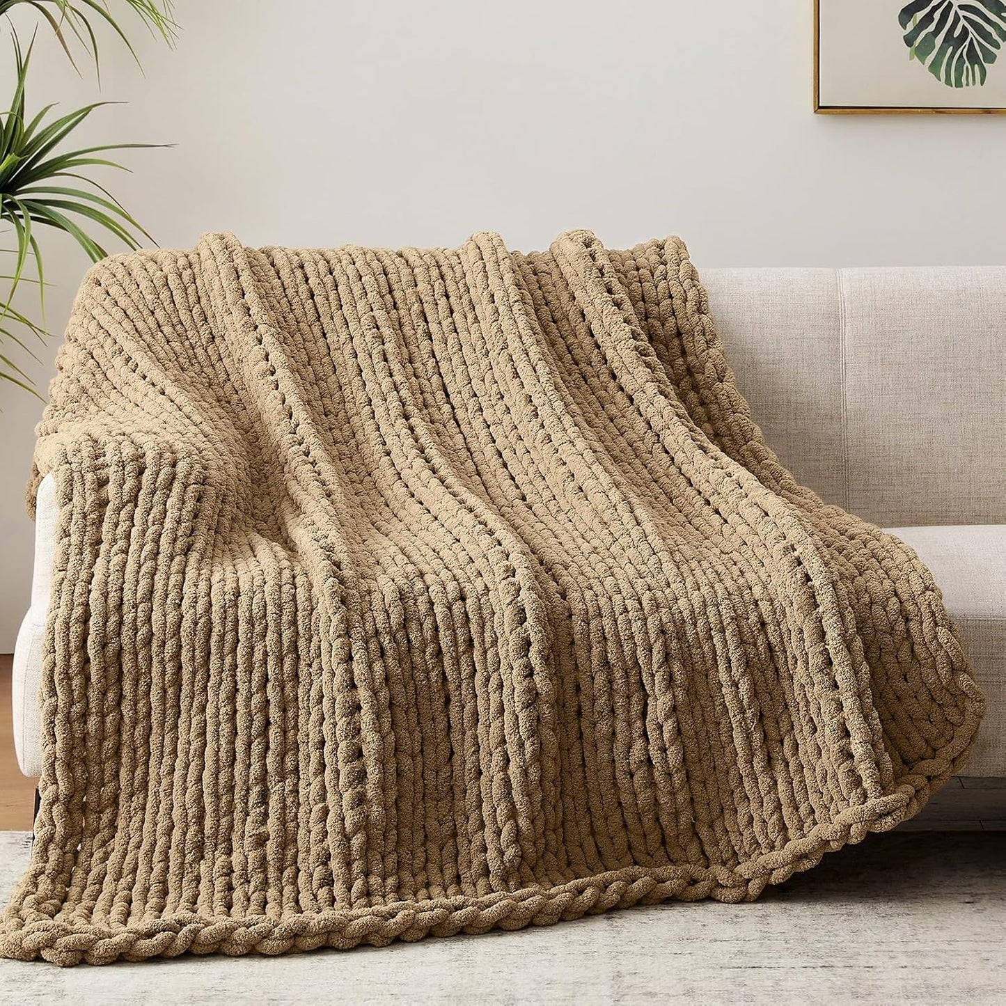 Chunky Knit Throw Blanket, 30''*40'' Knitted Throw Chenille Yarn for Bed Couch, Handmade Light Brown Crochet Big Thick Blanket, Machine Washable Cute Comfy Blanket for Home Decor