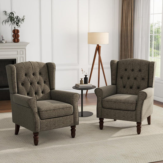 UIXE High Back Accent Chairs Set of 2, Upholstered Armchair in Fabric, Retro Wingback Arm Chair for Living Room, Comfy Single Sofa Bedroom Reading Seat with Solid Wood Legs - Taupe