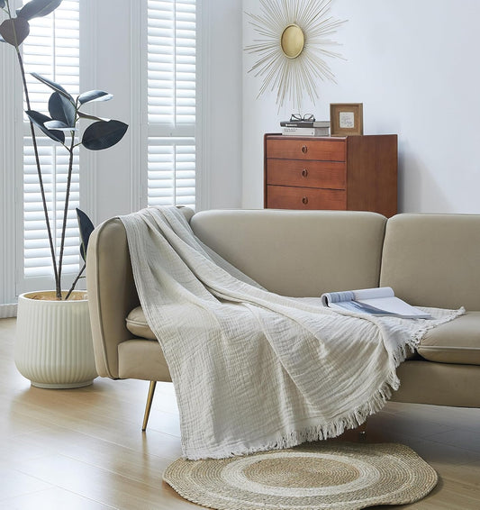 100% Cotton Muslin Throw Blanket for Bed, Couch, Small, Decorative, Soft, Pre-Washed, Breathable and Lightweight Gauze Blanket with Fringes, Suitable for All Seasons, Linen Grey, 50"x60"