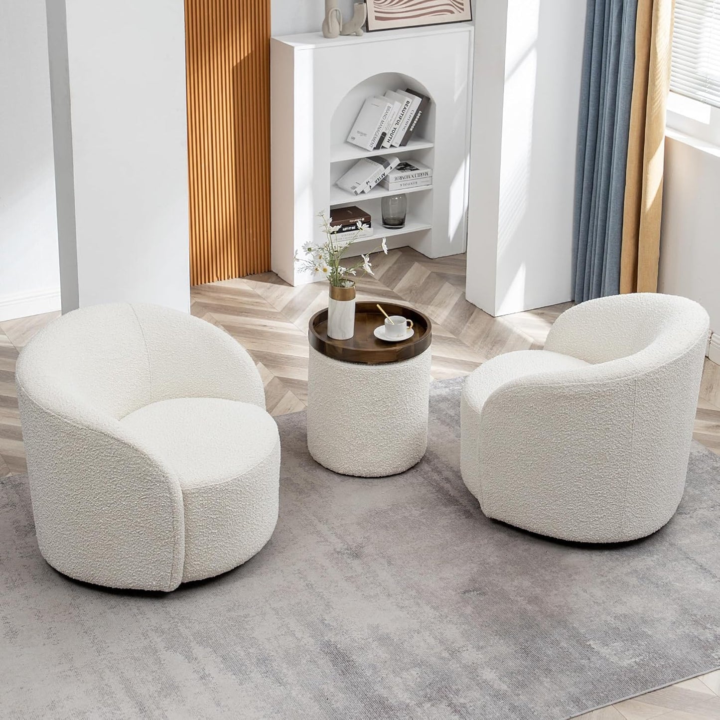 KINWELL 34" W Swivel Barrel Chair Set of 2, Mid Century Modern Round Upholstered Boucle Swivel Accent Chairs, No Assembly Sofa Chair for Living Room Bedroom Reading, Cream