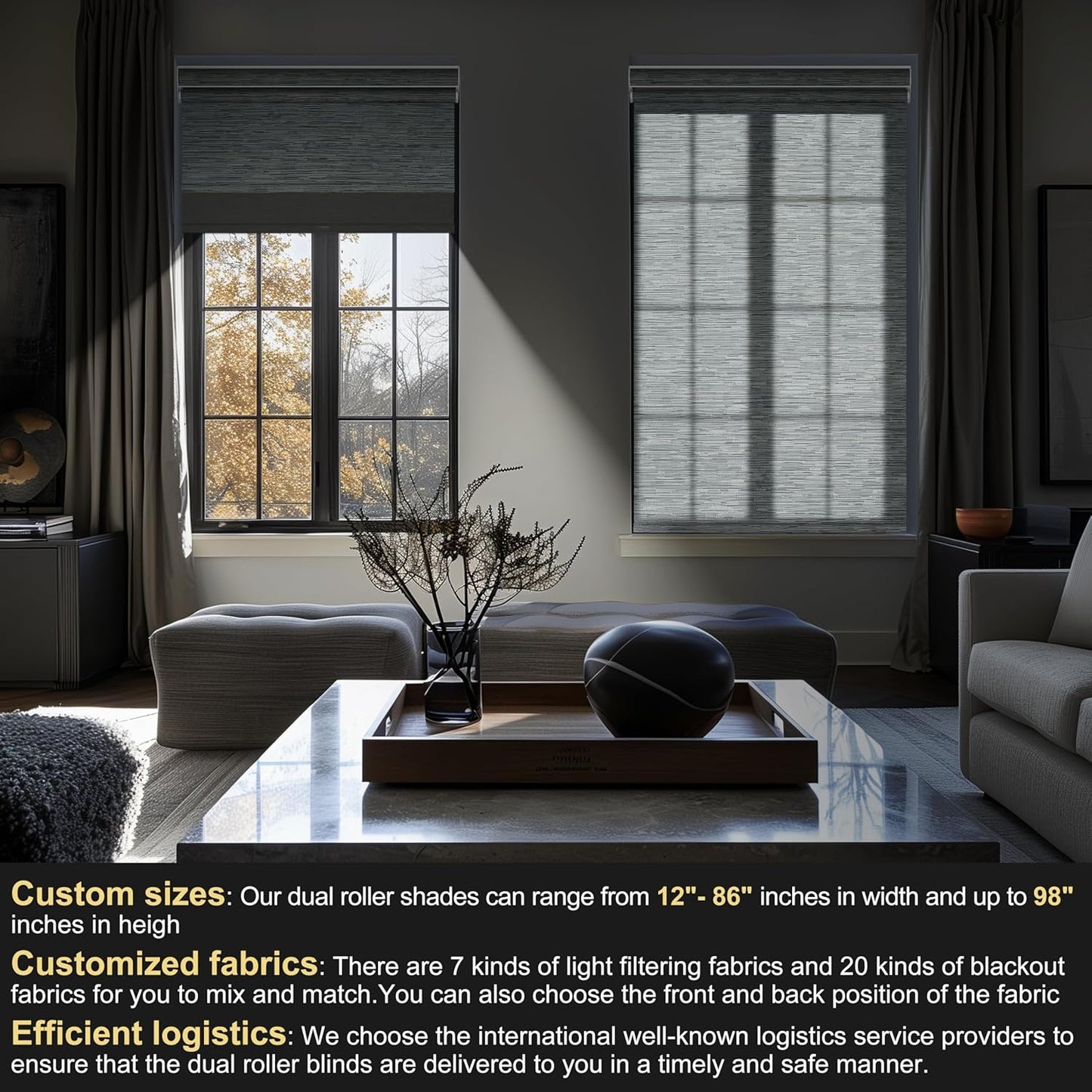 BERISSA Cordless Dual Roller Shades with Cassette Valance,Double Window Shades Blackout and Light Filtering Shades,Day and Night Roller Shades for Home Office Door.Striped Jacquard Grey.24 W x 36" H