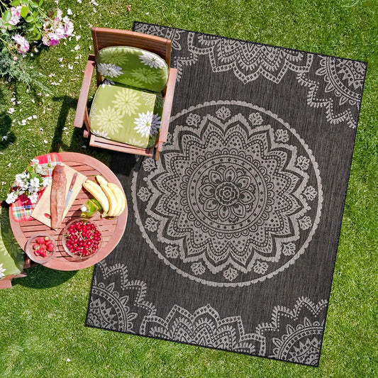 CAMILSON Outdoor Rug 5x7 Modern Area Rugs for Indoor and Outdoor Patios and Porches - Waterproof Washable Non-Shedding Easy-to-Clean Outside Carpet (5 x 7, Medallion - Dark Grey/Light Grey)