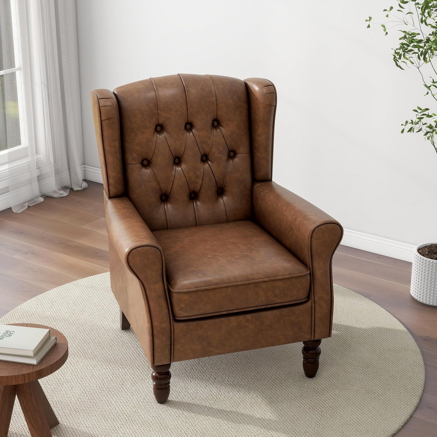 Accent Chair, Upholstered Armchair with Button Tufted High Back & Solid Wood Legs, Comfy Wingback Reading Single Sofa Chair for Small Spaces, Living Room, Bedroom (Leather Brown, Set of 1)