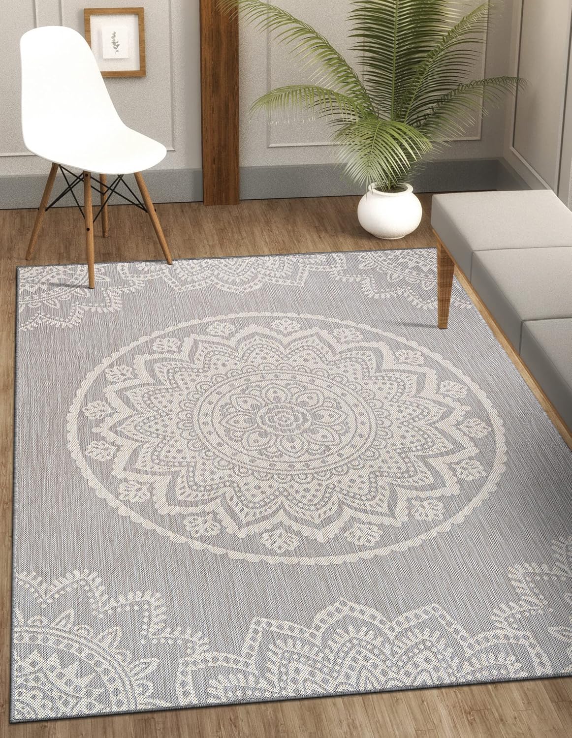 CAMILSON Outdoor Rug 8x10 Modern Area Rugs for Indoor and Outdoor Patios and Porches - Waterproof, Washable, Non-Shedding, Easy-to-Clean Outside Carpet (8 x 10, Medallion - Grey/White)