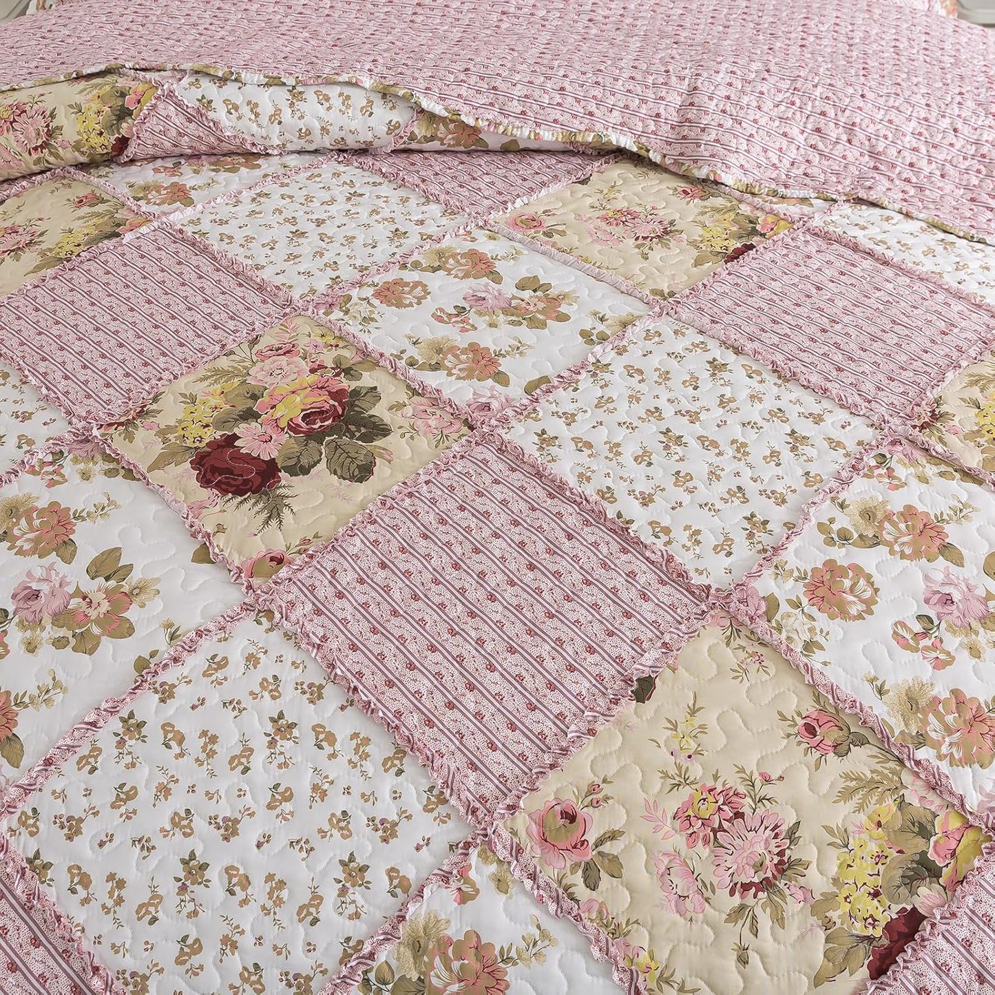 NEWLAKE Quilt Set Queen Size, Bedspread Sets Pink Botanical Floral, Reversible Quilt Bedding Set Lightweight and Breathable for All Seasons, Soft Quilted Bedspread with 2 Pillow Shams