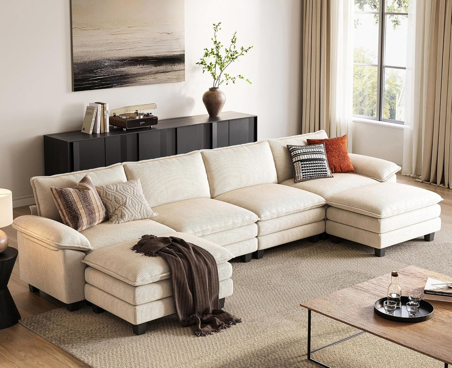 LINSY HOME Modular Sectional Sofa - 157'' Comfy Corduroy Cloud Sofa Oversized U Shaped Couch with Movable Ottoman, Soft Modern Sofa for Living Room Apartment, Beige