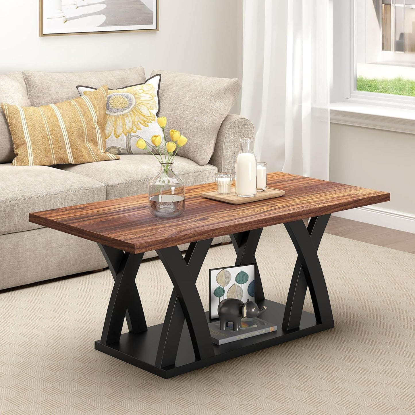 47” Wood Coffee Tables for Living Room Rustic Stands with Storage Shelf Black Blown Coffee Tables for Living Room Farmhouse Center Stands with Shelf. Farmhouse Rectangle Center Table