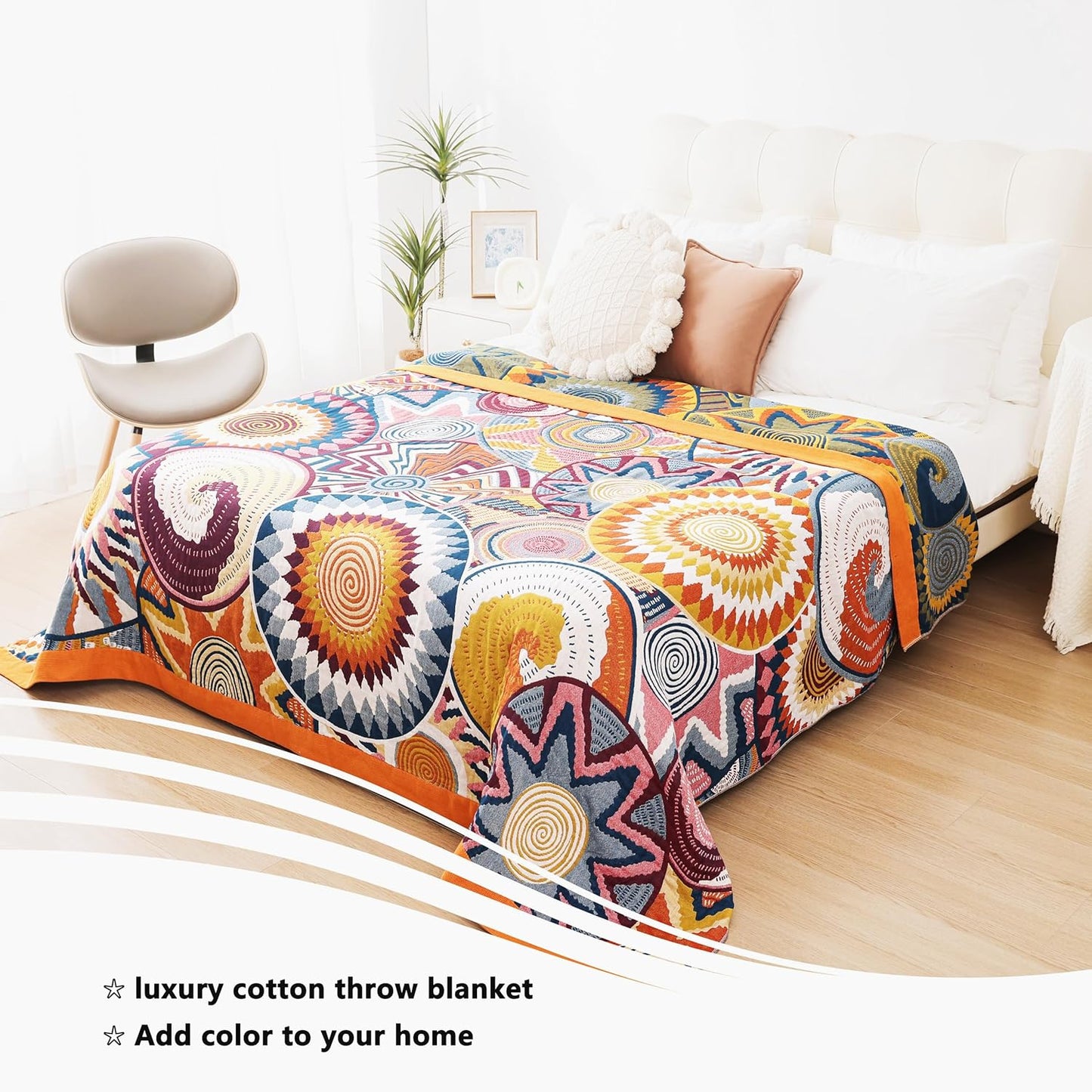 Boho Throw Blanket, 100% Organic Muslin Cotton Breathable Ultra Soft Bed Quilt Throw - All Season Floral Bird Butterfly Farmhouse Decor Blanket for Sofa Couch Chair and Gift. 50" x 60"