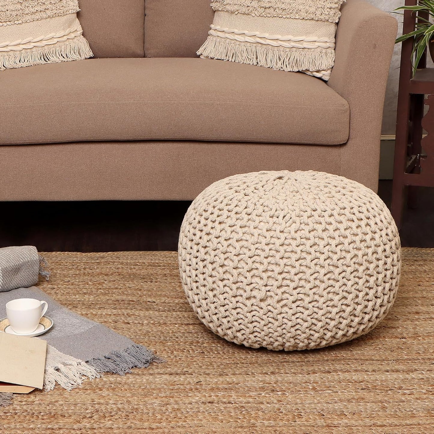 REDEARTH Round Pouf Ottoman –18"x18"x14" Hand-Knitted Cotton Pouffe –Cable Footstool –Boho Dori Hassock –Pre-Stuffed Poof – Extra Seat -Poofy Footrest for Living Room, Bedroom, Nursery, Nook –Ivory