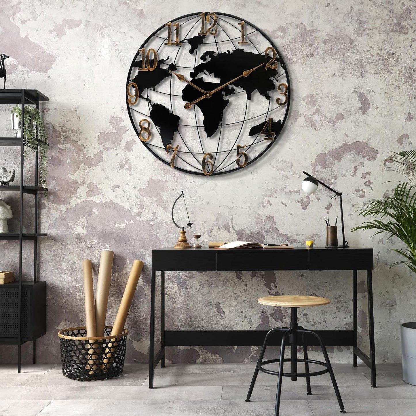 Large Wall Clock - 20 Inch World Map Minimalist Modern Round Metal Wall Clock Silent Non-Ticking Battery Operated Wall Clocks for Living Room Kitchen Office Farmhouse Home Decor