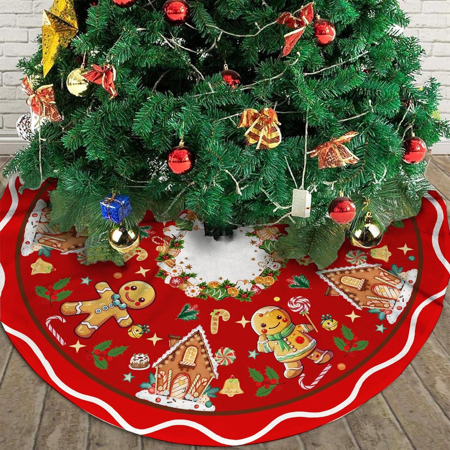 Gingerbread Man Candy Christmas Tree Skirt Xmas Tree Mat Christmas Tree Ornaments Decorations Holiday Party Indoor Outdoor 48"