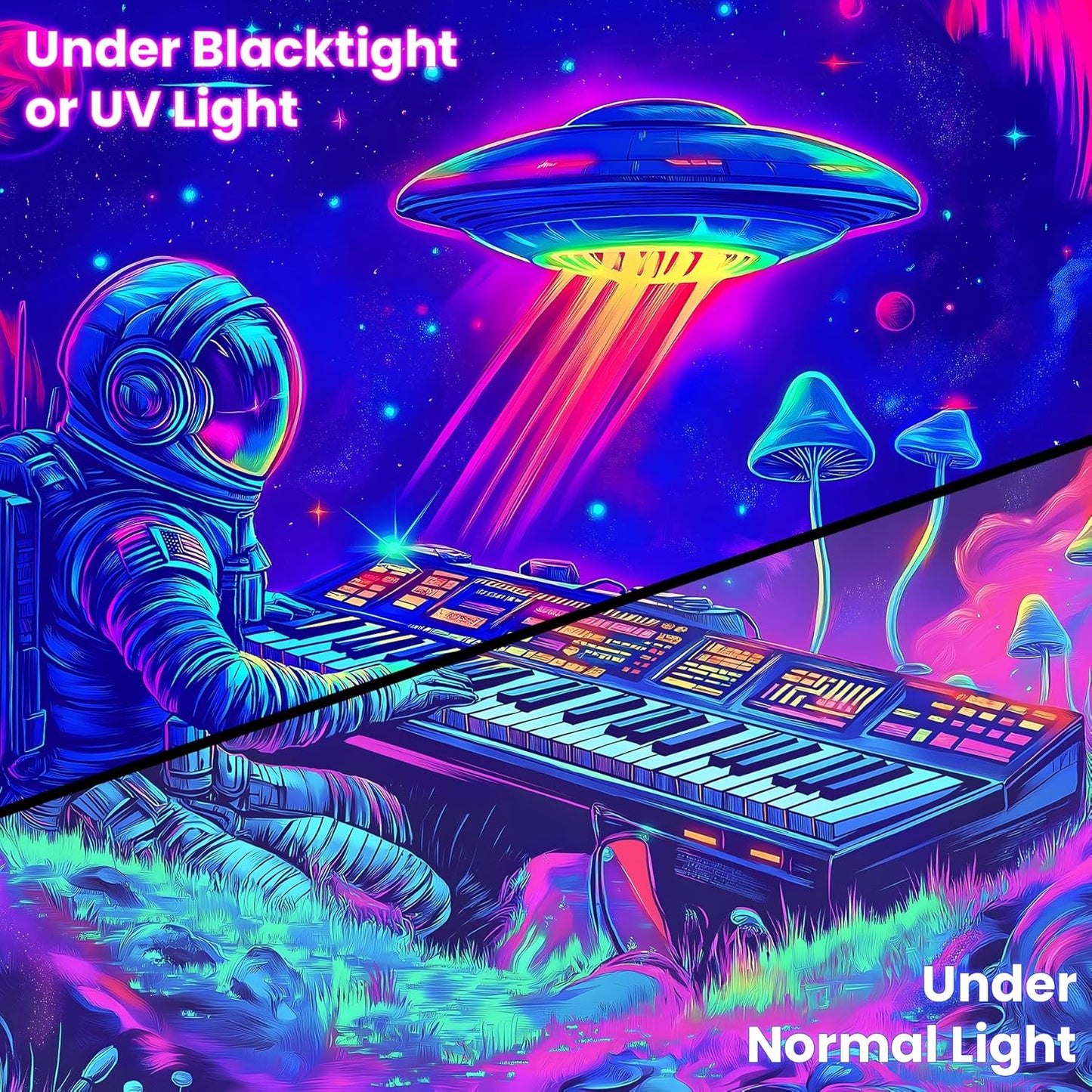BVBOX Astronaut Space Blacklight Tapestry 79"x59", UV Reactive Astronaut Electronic Piano UFO Galaxy Planet Glow in Dark Music Tapestries, Black Light Neon Upright Poster Wall Hanging Backdrop Decor for Bedroom Living Room