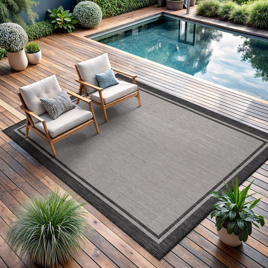 CAMILSON Indoor Outdoor Rug, 10x14 Bordered Gray Modern Area Rugs for Large Indoor and Outdoor Patios, Kitchen and Hallway Mats, Washable Porch Deck Outside Carpet (Bordered Grey, 10 x 14)