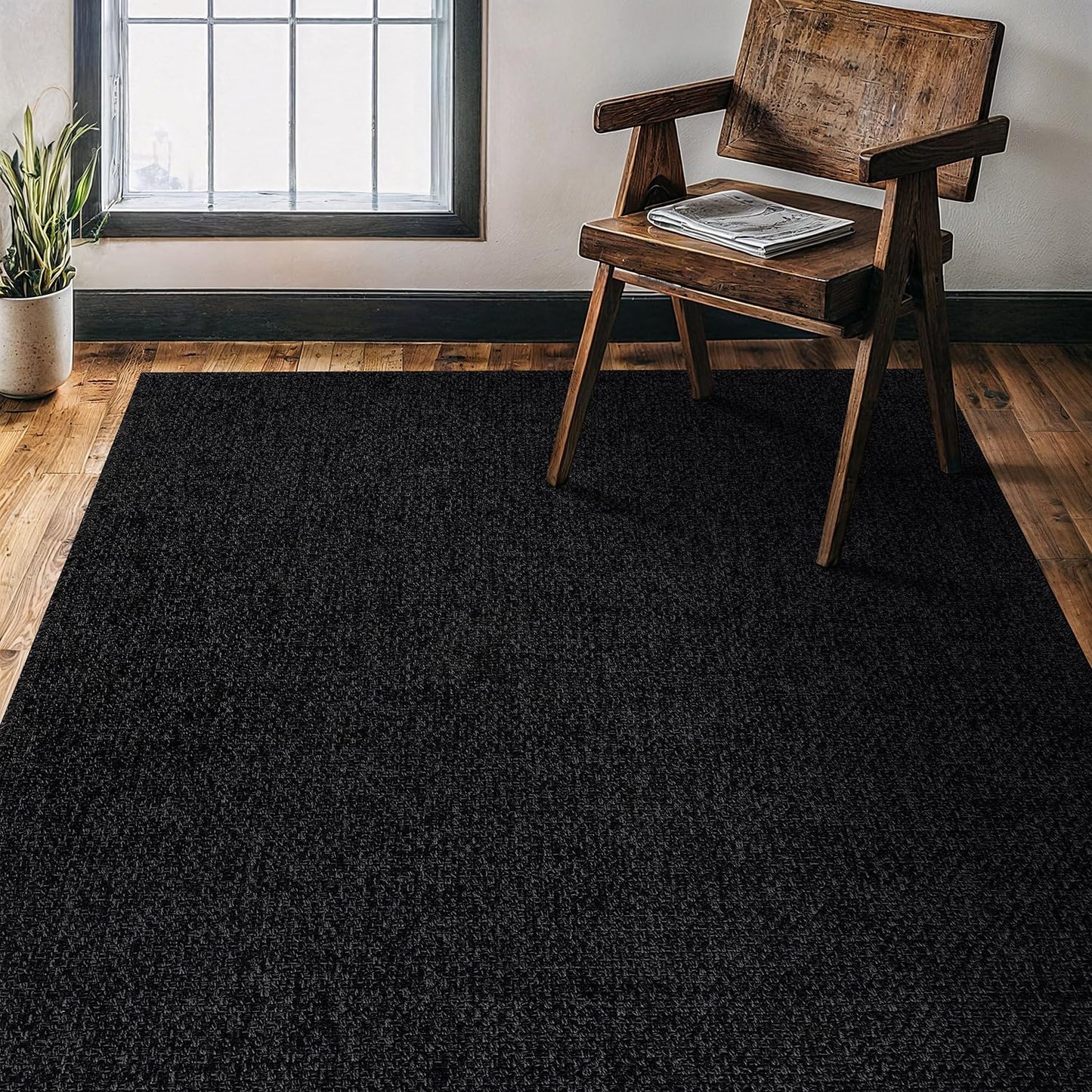 CAMILSON Easy Jute Rug 4x6, Indoor Outdoor Dark Gray Black Farmhouse Area Rugs for Living Room Patio and Kitchen Rug, Solid Boho Woven Design, Easy-Cleaning, Washable Outside Carpet Alfombras (4 x 6)