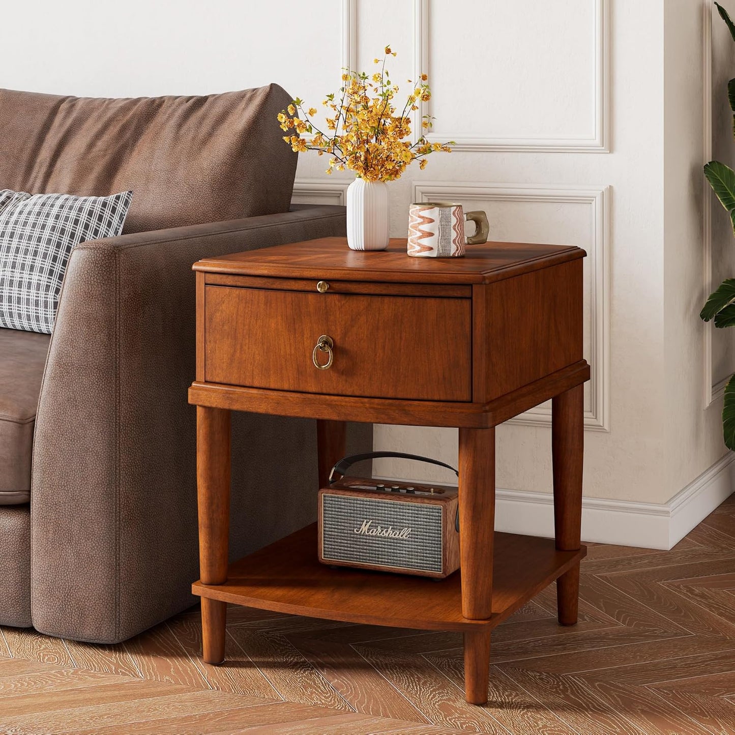 2 Tier Solid Wood Square End Table with Drawer, Wooden Sofa Side Table with Sliding Shelf & Lower Shelf, Nightstand Bedside Table for Living Room Bedroom, 19.7x17.7x22.8in