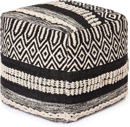 REDEARTH · Tufted Pouf Ottoman with Filler Textured Storage Cube Bean Bag Pouffe Footrest for Living Room, Bedroom, Nursery, Kidsroom; 100% Cotton (17.5"X17.5"X17.5", Char Delineate Black)