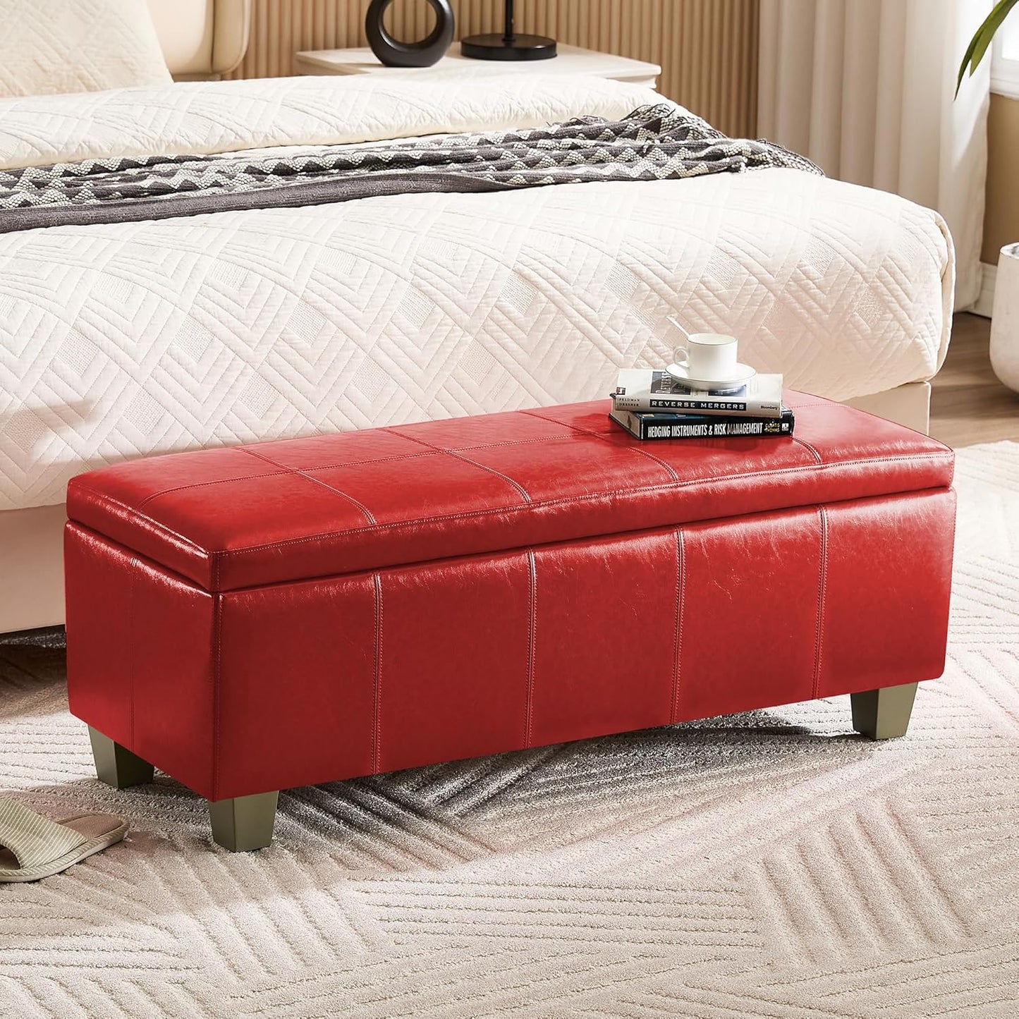 41" Faux Leather Storage Ottoman, Stitch Tufted Rectangle Upholstered End of Bed Storage Bench, Entryway Large Couch Ottoman with Wooden Legs,Red