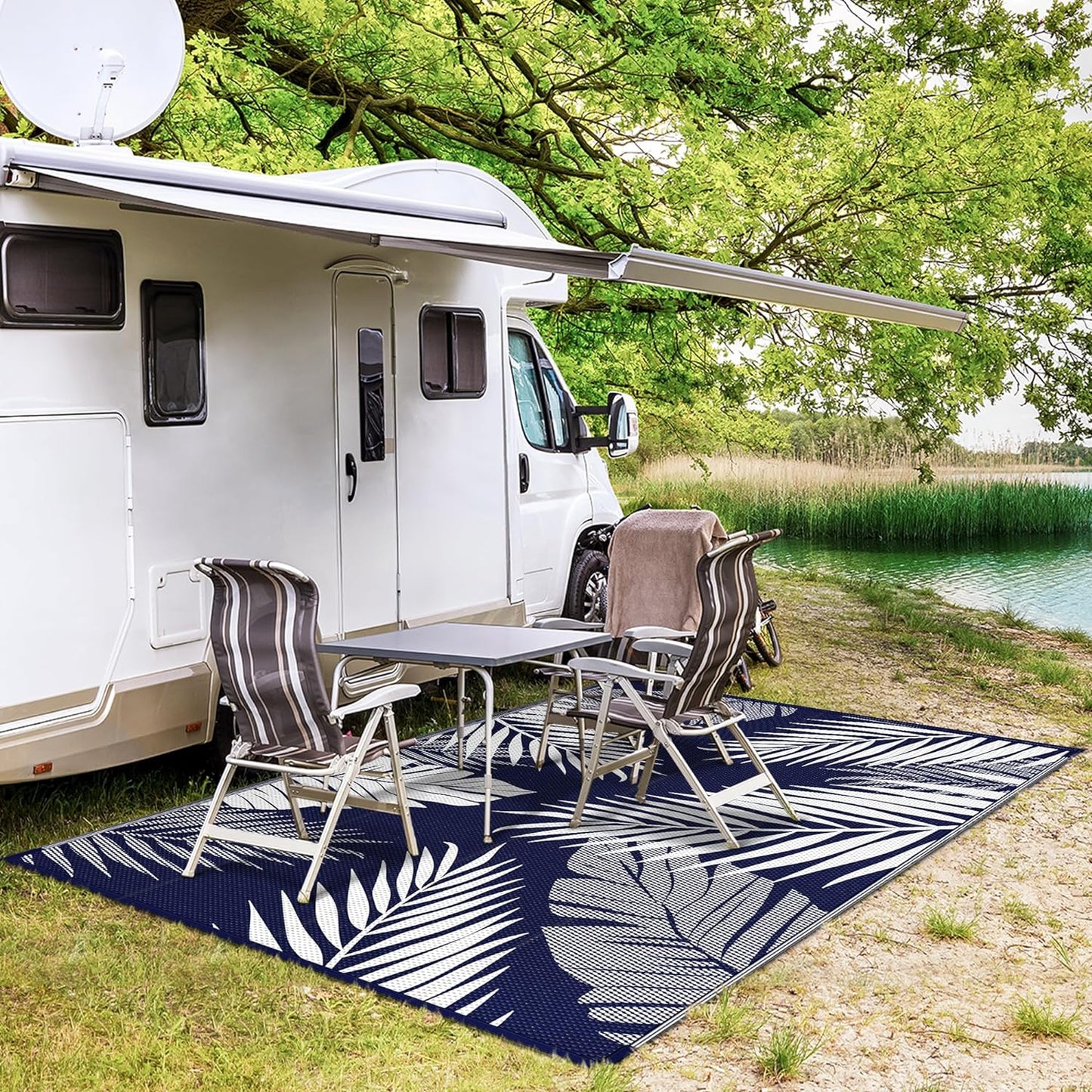 GENIMO Outdoor Rug 4' x 6' Waterproof for Patios Clearance, Reversible Outdoor Plastic Straw Camping Rug Carpet, Large Area Rugs Mats for RV, Camper, Deck, Balcony, Porch, Beach, Navy Blue&White