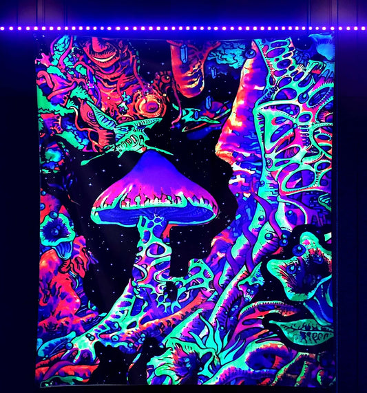 ADDWel Blacklight Mushroom Tapestry, Upright Tapestry Glow In The Dark, UV Reactive Black Light Tapestries Posters Wall Hanging for Backdrop Bedroom Dorm Living Room Decor(70"x90")