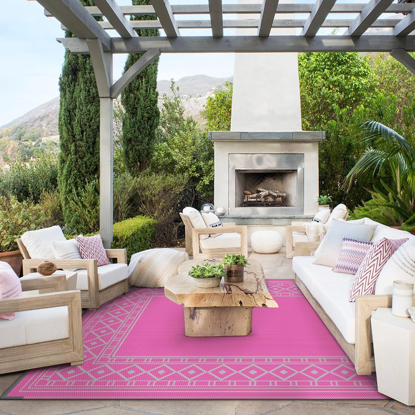 GENIMO Outdoor Rug Waterproof 6'x9' for Patio, Foldable Reversible Plastic Straw Carpet for Travel Trailers, Outside Area Mat for Rv, Deck, Picnic, Porch, Camper, Balcony, Beach, Pink & Grey