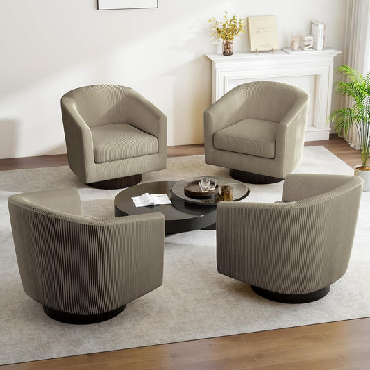 Swivel Barrel Accent Chair, Modern Round Corduroy Fabric Arm Chair for Living Room, Bedroom, Comfy Club Reading Chairs for Adults (Corduroy Camel, Set of 4)