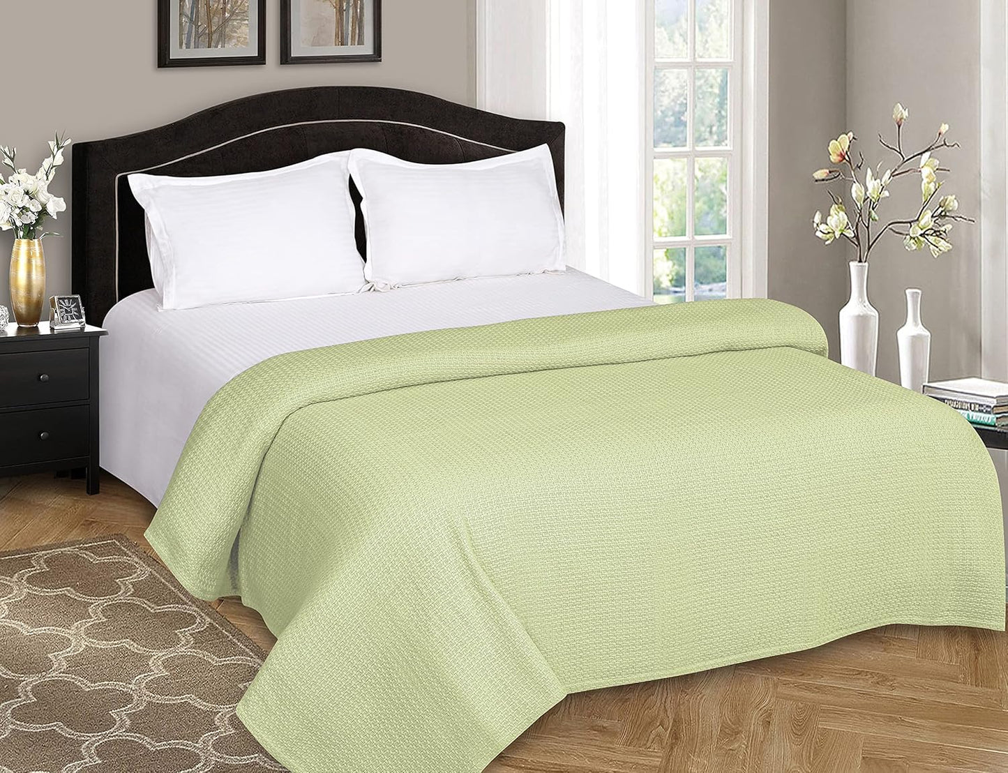 BELIZZI HOME 100% Cotton Bed Blanket, Breathable Bed Blanket Full Queen Size, Cotton Thermal Blankets Full Queen, Perfect for Layering Any Bed for All Season, Sage Green