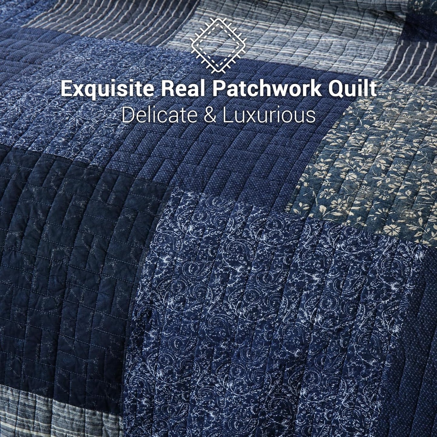 Yvooxny Quilts Queen Size Reversible Lightweight Bedspread 3-Piece Quilt Set Plaid Floral Patchwork 100% Cotton Queen Quilt Set Bedding Set with Pillow Shams for All Seasons, Azure Blue, 90x98''