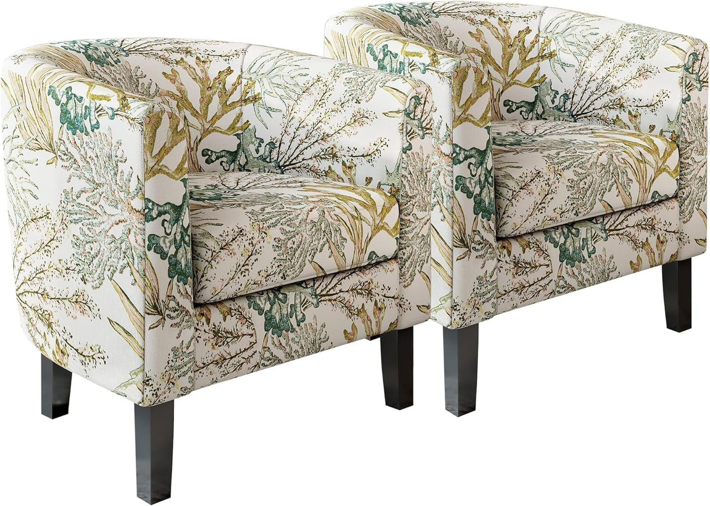 BELLEZE Living Room Chairs Set of 2, Linen Round Accent Barrel Chairs, Club Tub Sofa Chairs for Bedroom, Corner Chairs with Flared Legs and Cozy Soft Padding - Highland (Green Coral)