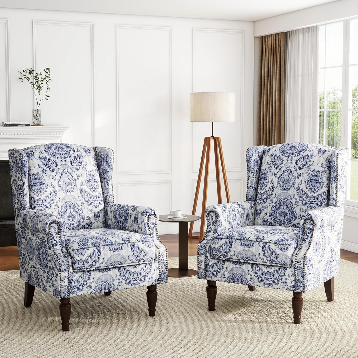 UIXE Floral Accent Chair, High Back Pattern Arm Chair for Living Room, Traditional Fabric Armchair Comfy Upholstered Sofa Reading Seat with Nailhead Trim & Retro Wood Legs - Navy