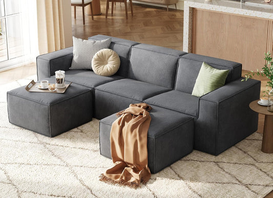 LINSY HOME Modular Sectional Sofa, 105" Boneless Couch U Shaped 3-Seat Sofa with 2 Movable Ottomans, Corduroy Sectional Cloud Couches for Living Room, No Assembly Required, Bluish Grey