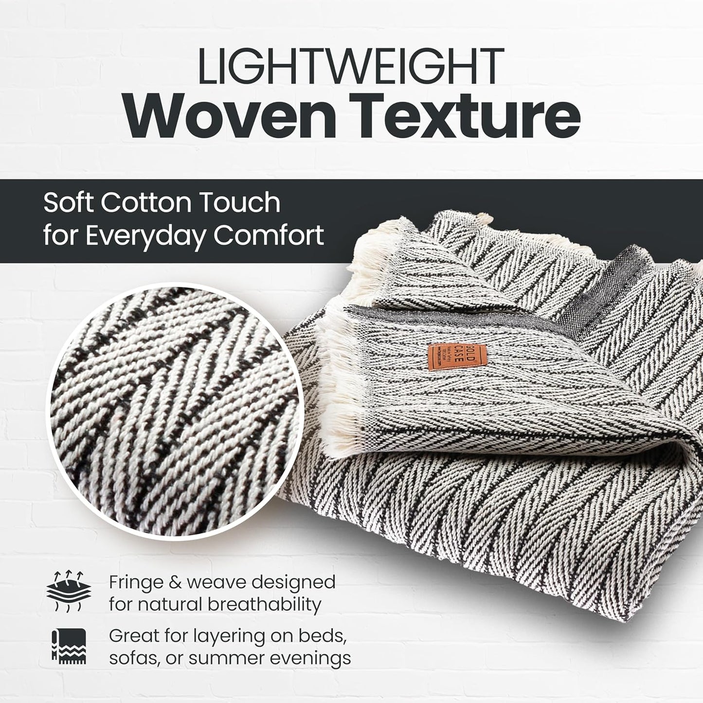 Gold Case Throw Blanket for Couch – 100% Recycled Turkish Cotton Blankets & Throws – Elegant Decorative Throw Blankets for Living Room Sofa – Woven Throws for Couch – Retro Black – 50x60