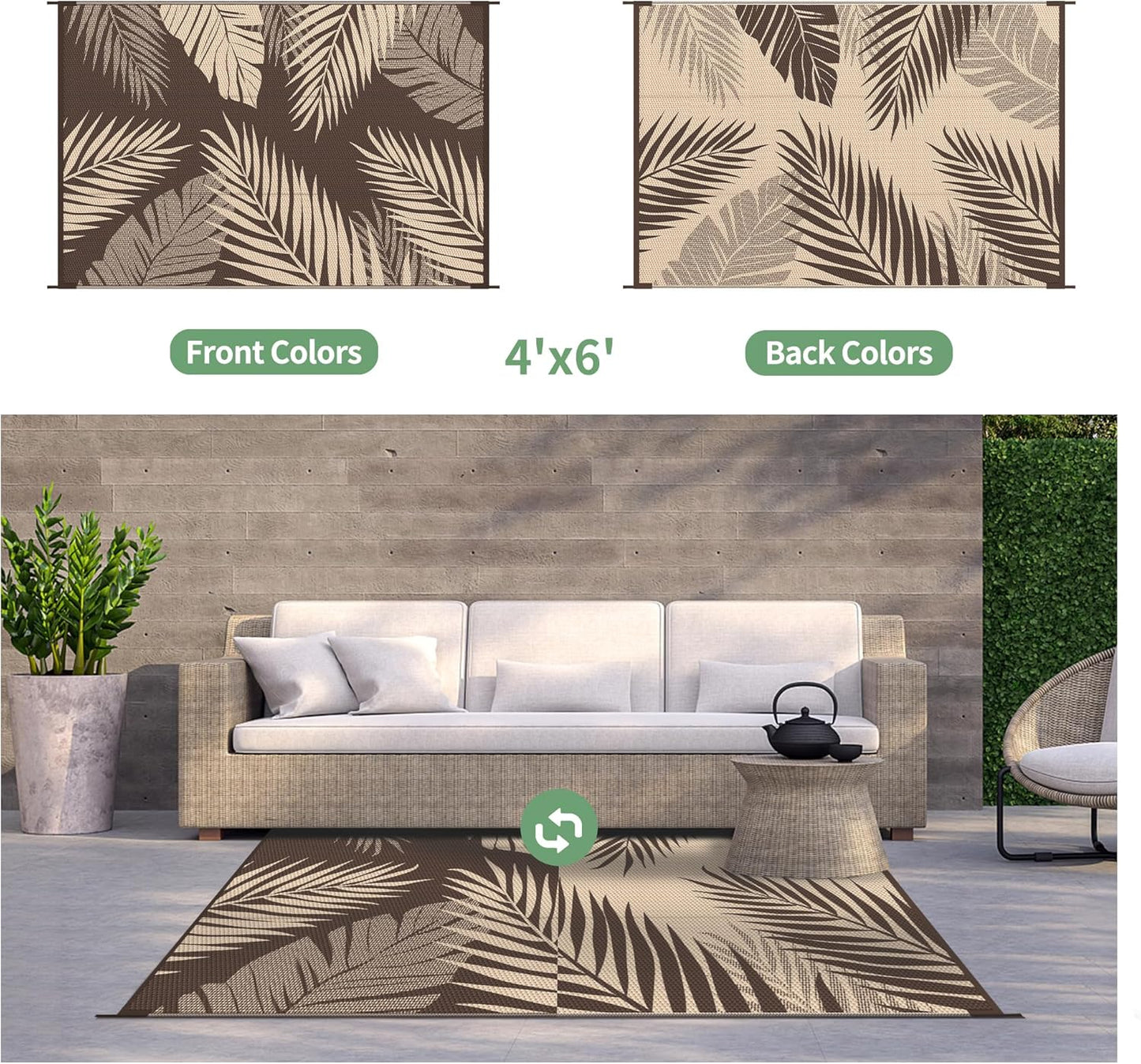 GENIMO Outdoor Rug 4' x 6' Waterproof for Patios Clearance, Reversible Outdoor Plastic Straw Camping Rug Carpet, Large Area Rugs Mats for RV, Camper, Deck, Balcony, Porch, Beach, Coffee&Beige