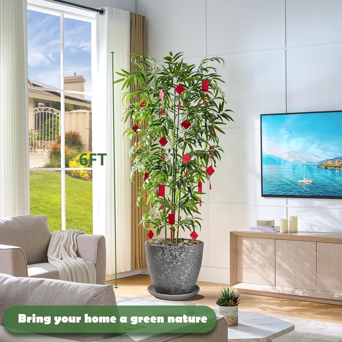 Artificial Bamboo Tree 6FT Tall Fake Plants Faux Silk Plant, Faux Bamboo Plant for Home Office Indoor Outdoor Decor Artificial Trees with Tall Planter