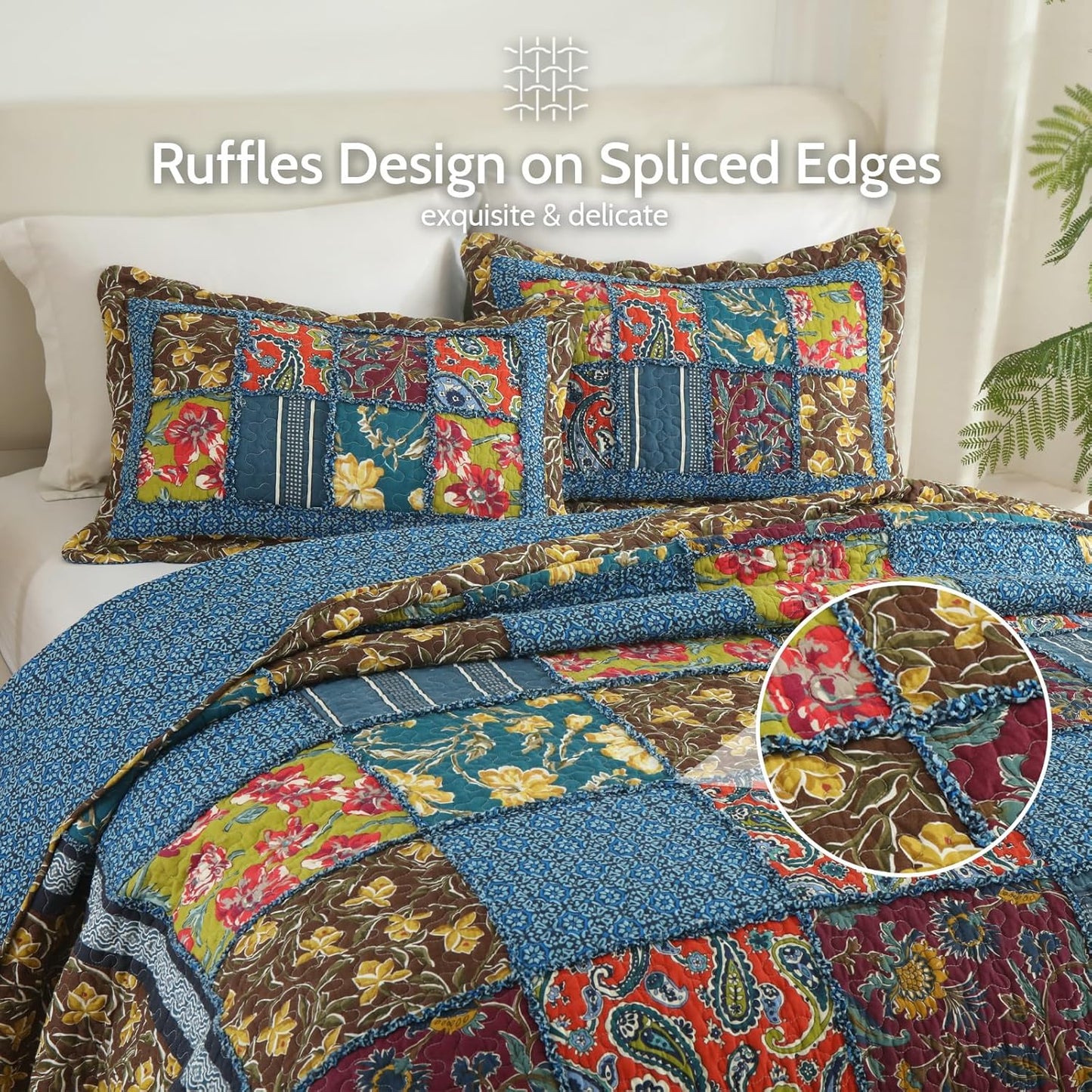 Yvooxny Queen Quilt Set Reversible Paisley Queen Size Quilted Bedspread Coverlet Set Country Farmhouse Cottage Quilted Bedding Set with Pillowcases for All Seasons, Queen Size, 98 * 90 Inches