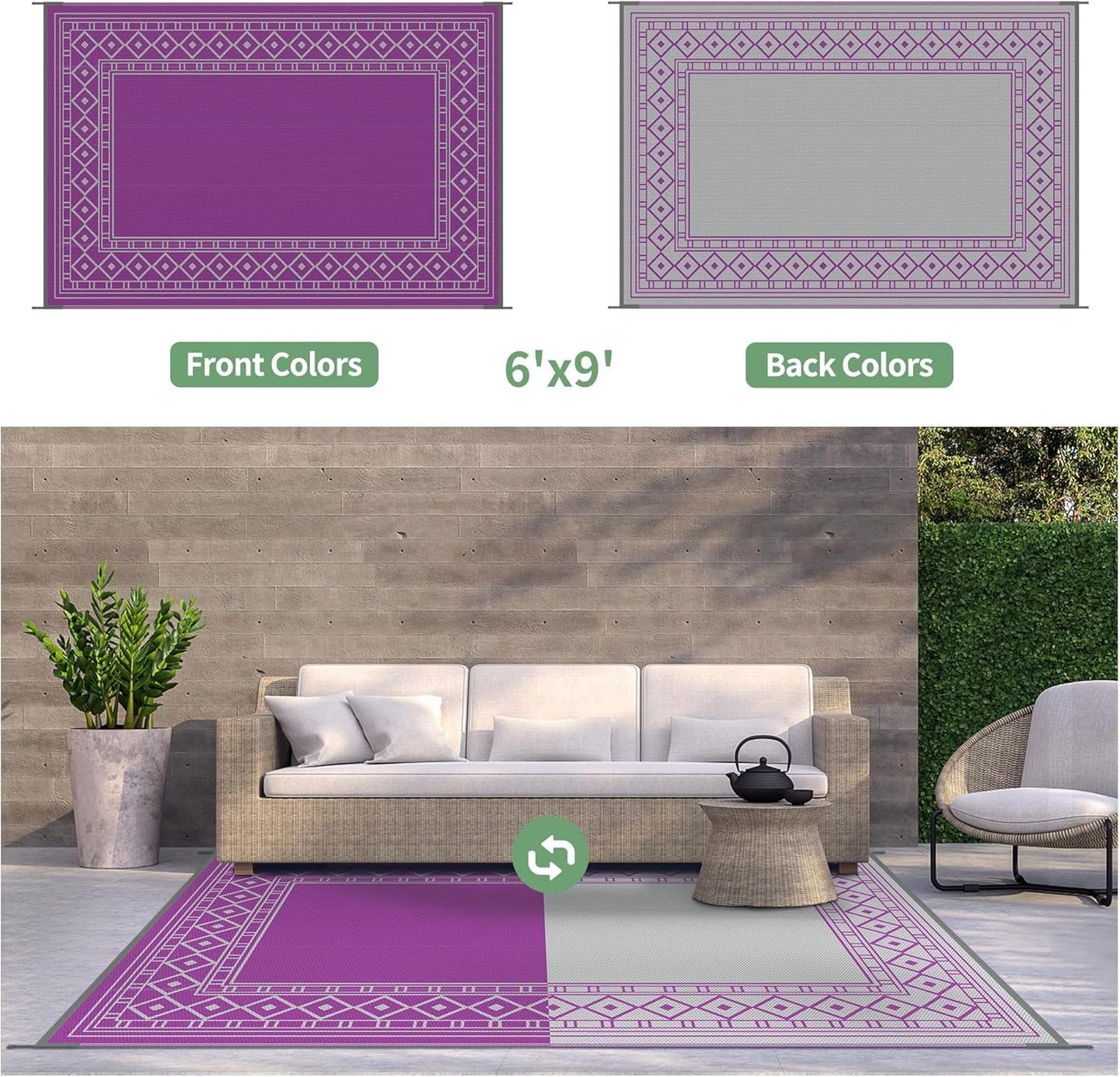 GENIMO Outdoor Rug Waterproof 6'x9' for Patio, Foldable Reversible Plastic Straw Carpet for Travel Trailers, Outside Area Mat for Rv, Deck, Picnic, Porch, Camper, Balcony, Beach, Purple & Grey