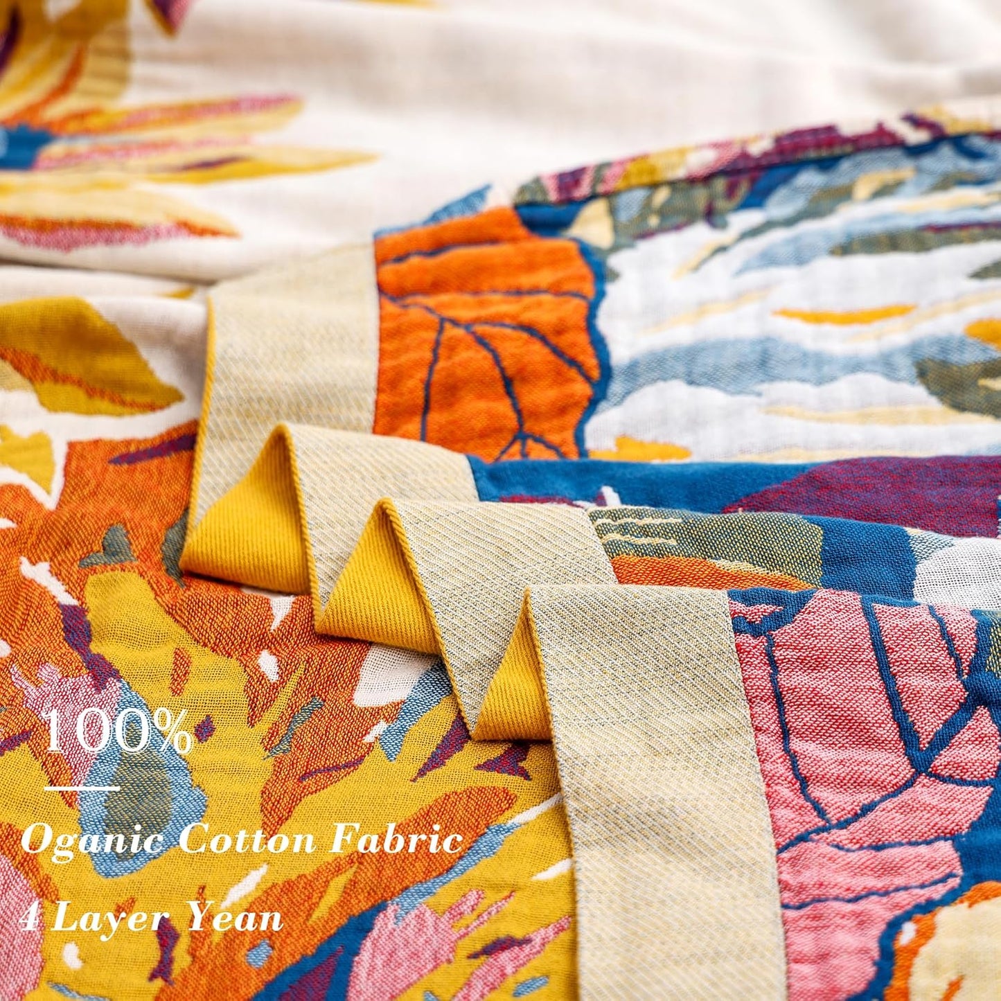 Boho Large Throw Blanket, 100% Organic Cotton Breathable Soft Bed King Throw - Fall Floral Bird Butterfly Farmhouse Decor Blanket for Sofa Couch Chair and Gift. 91" x 98"