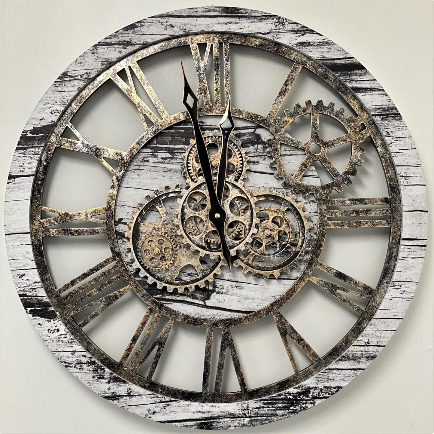 The Gears Clock The Original Real Moving Gear Wall Clock Vintage Industrial Oversized Rustic Farmhouse (24 inch (60cm), Vintage Grey and White)
